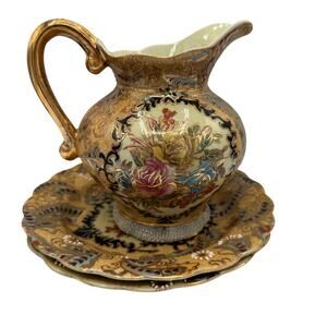 Satsuma Pitcher & 2 Plate Set –Gold Gilded Floral Design 3 Pieces